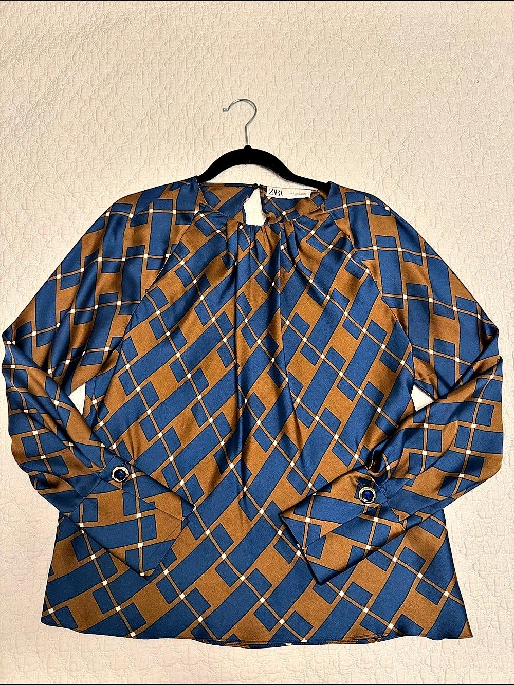 Zara Geometric Long Sleeve Blouse in Blue & brown gold Size Small
